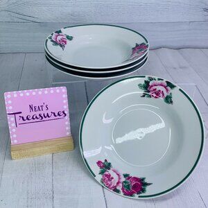 Gibson BOUQUET Pink Floral Border Green Leaves Stoneware Soup Cereal Bowls Set 4